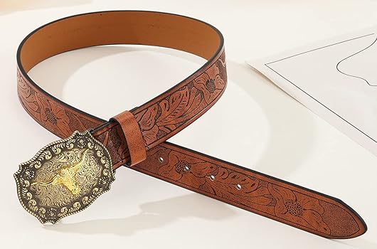 ◆VINTAGE レザーベルト ブラウン 牛革 ロデオ カウボーイ柄 Amazon | ペイントされたランチシーン装飾レザーベルト 複雑な